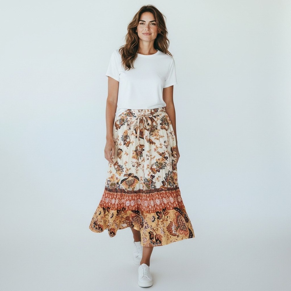 Rachel Roy Floral Paisley Midi Skirt L Cream Orange Smocked Tiered Boho Belted